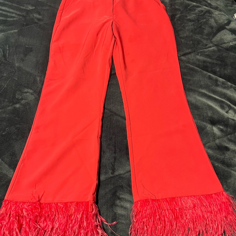 Women pink pants with feathers on the bottom of pants. Fun and unique. - Picture 3 of 7